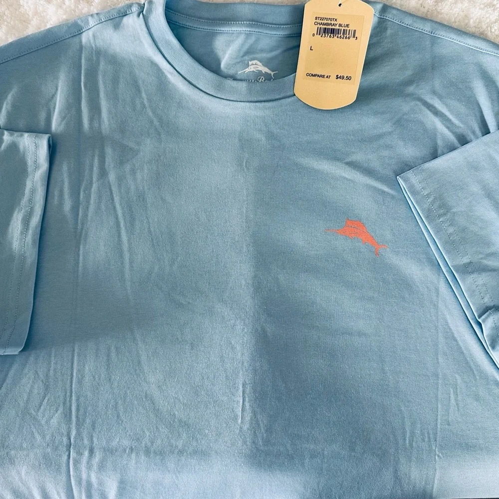 Tommy Bahama men’s LIVE THE ISLAND LIFE Chambray Blue T-shirt Size L - Picture 2 of 4